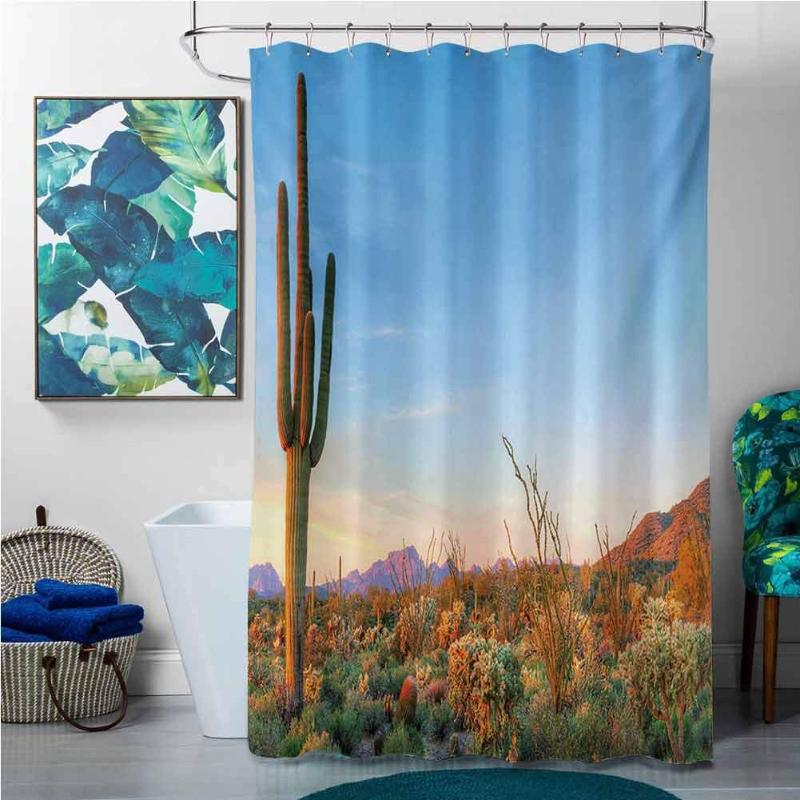 

Shower Curtains for Bathroom Without Hooks Saguaro,Sun Goes Down in Desert Prickly Pear Cactus Southwest Texas National