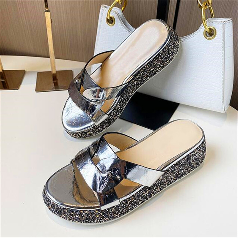 

Sequin slippers summer new flat bottom half slippers women wear thick bottom ins casual shoes, Silver