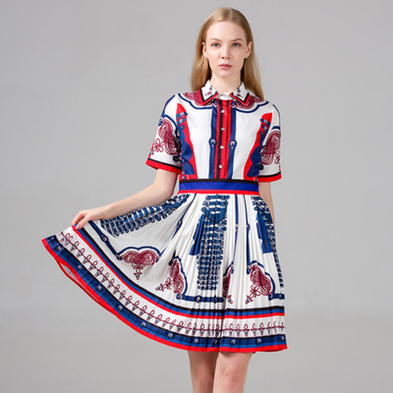 

Runway Design Dress Women's Summer Short Sleeve Pleated Dress Women Plus Size High Waist Elegant Knee-length Vestidos, Multi