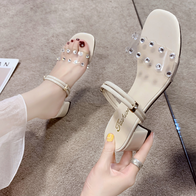 

sandals women's thick heel transparent 2020 new summer Korean style versatile middle heel rivet fairy two wear sandals, See chart