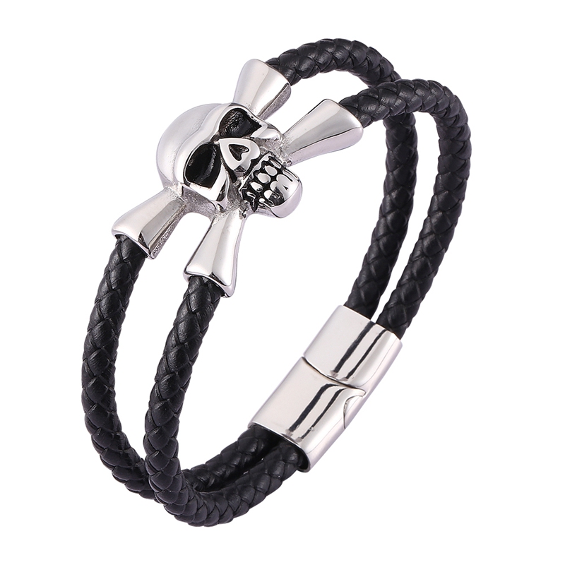 

Punk Rock Black Braided Leather Rope Bracelet Men Skeleton Skull Bracelets Steel Buckle Mens Jewelry Leather Bangle C0472