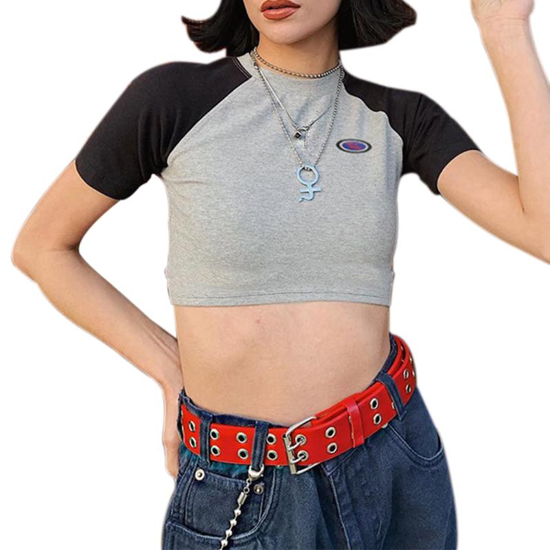 

Casual Women Letter Print Crop Top Color Block Pullover Skin-friendly Sport Garments, Gray