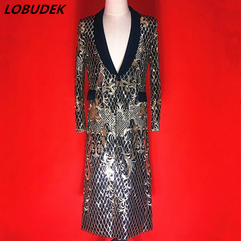 

European Punk Singer Men' Costume Sparkly Sequins Long Jacket Coat Rock Dancer Musical Vocal concert Star Show Stage Outerwear, As pic