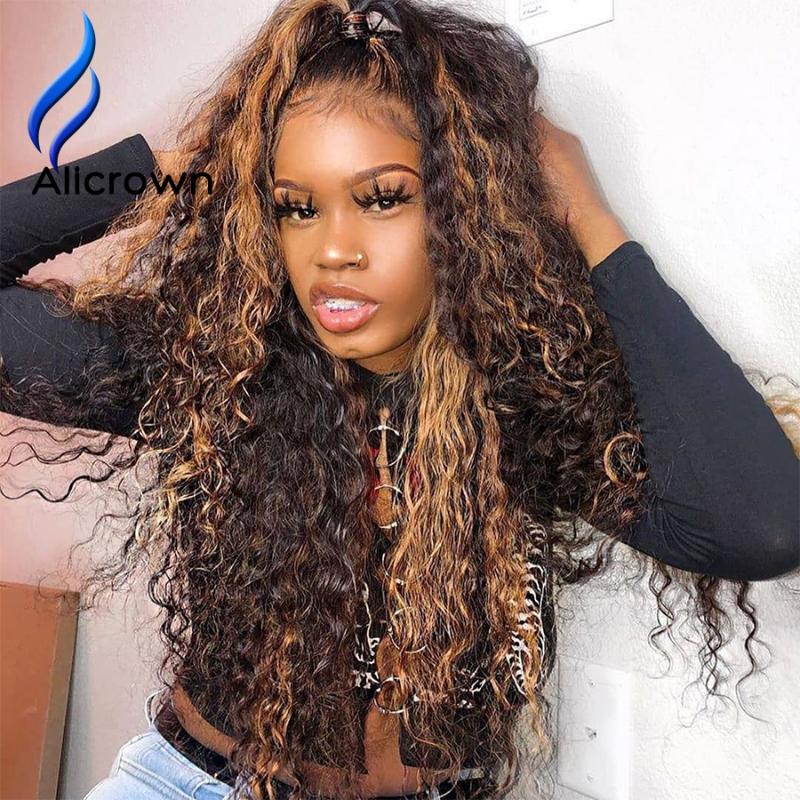 

ALICROWN Ombre Curly T-part Lace Front Human Hair Wigs High 180% Density Lace Wigs Bleached Knots Human Hair, T-part lace wig