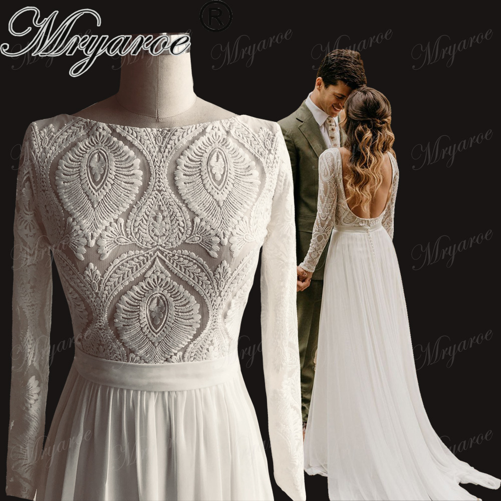 

Mryarce Unique Lace Long Sleeves Open Back Hippie Style Dress Chiffon Detachable Train Boho Chic Rustic, White