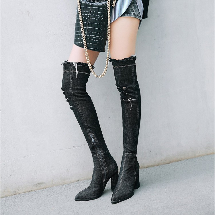 

PXELENA Sexy Blue Denim Thigh High Boots Women Shoes 2020 Winter Chunky Block High Heels Over The Knee Boots Riding Lady 34-43, Black