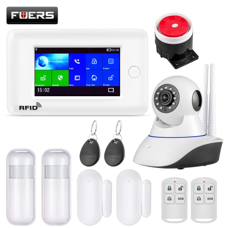 

FUERS WIFI GSM GPRS Home Security Alarm System 4.3 inch Color Screen APP RFID control smoke detector PIR Motion detector
