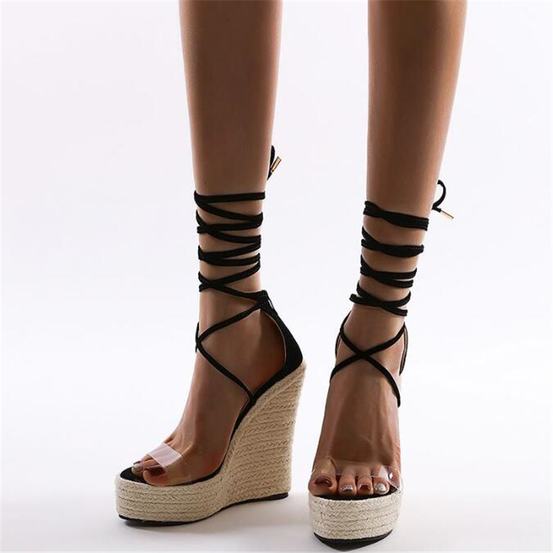 

AIYKAZYSDL Designer Sandals Summer Roman Gladiator Cross Strap Strappy Sandals Wedges High Heels Peep-Toe Wood Platform Shoes, Black