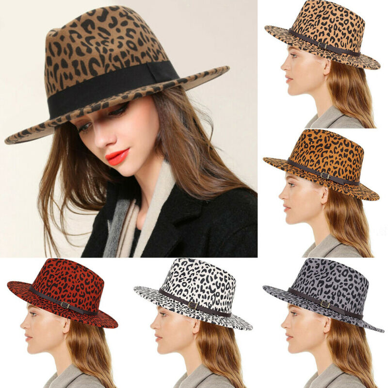 

Fashion Men Women Vintage Fes Solid Hard Felt Leopard Hat Trilby Cap Wide Brim Hat, Army green