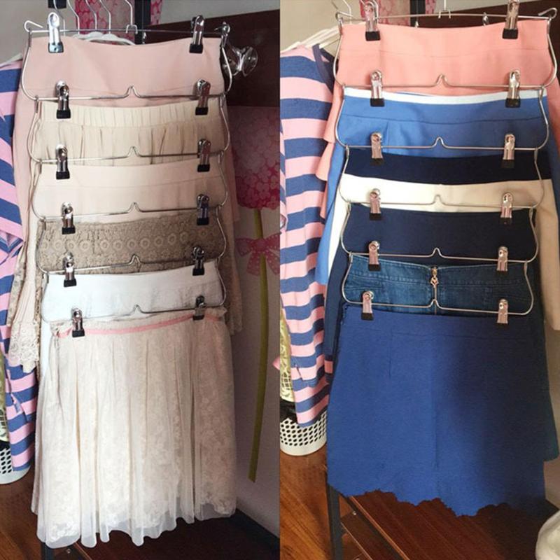 

Family Heavy Duty 6 Tiers Skirt Pants Clothes Hanger Metal Foldable Coat Storage Shelf Over Wardrobe Storage Household Organizer