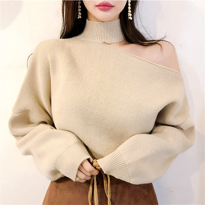 

Halter Bare Shoulders Knitted Office Ladies Winter Autumn Loose Irregular Casual Elegant High Street Sweaters Tops, White