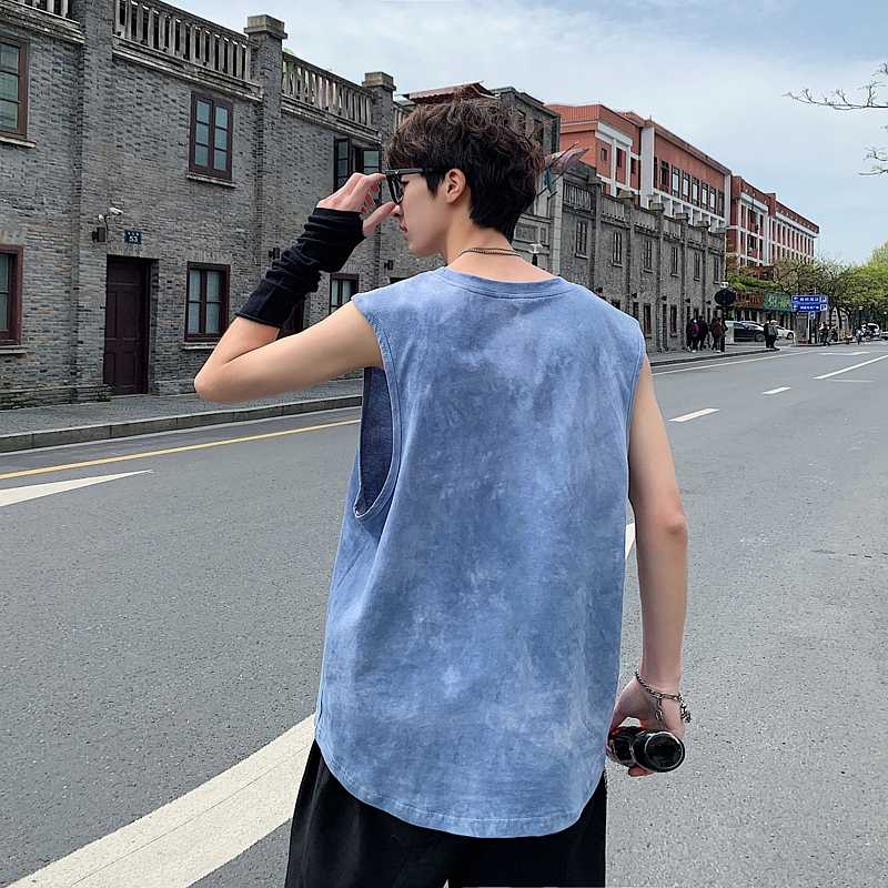 

fashion 2020 designer original tie dye sleeveless vest summer basketball sport tank tops for men loose streetwear shirt white, Dark blue(tie-dye)