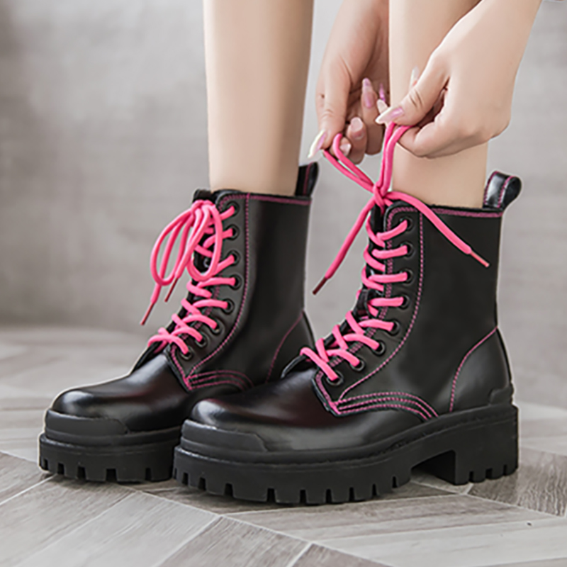 

2020 Women Ankle Boots Round Toe Lace Up Motorcycle Booties Autumn Fashion Mid Heel Retro Female Shoes Sapatos Das Mulheres, Black