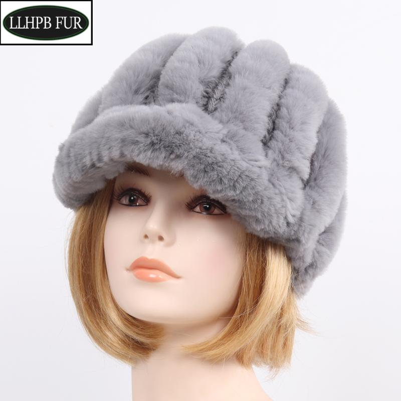 

Russian Lady Good Elastic Real Rex Fur Hats Winter Women Warm Flowers Genuine Fur Caps Knit 100% Natural Beanies Hat, Grey