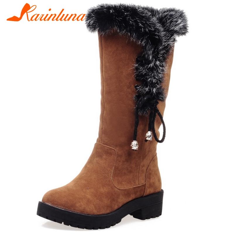 

Karin Fur women shoes 2020 New Brand Slip On Rround Toe Square Heels Mid-calf Snow Keep warm Boots, Black