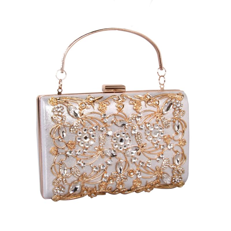

2020 White Rhinestone Gold Metal Purse Hollow Out Sliver Suede Bags Women Evening Floral Chain Mini Phone Case Chain Handbags, Black