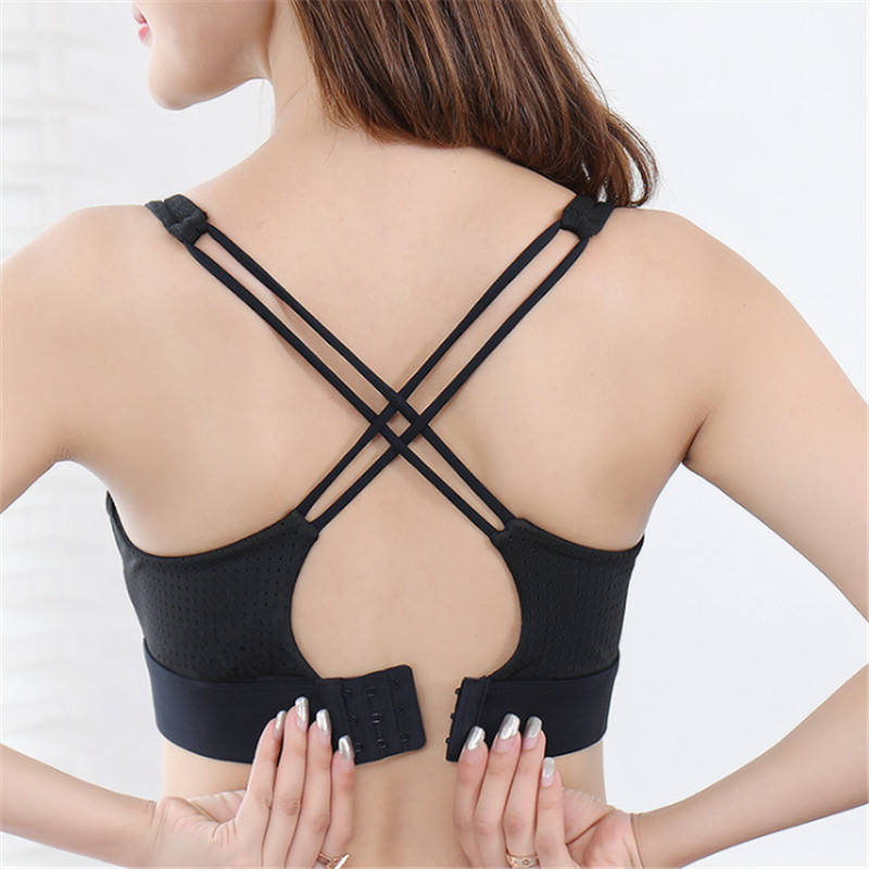 

Adjustable Back Buckle Cross Seamless Sports Bra Women Fitness Workout Yoga Bras Breathable Mesh Yarn Female Gym Sport Bra Top, Black