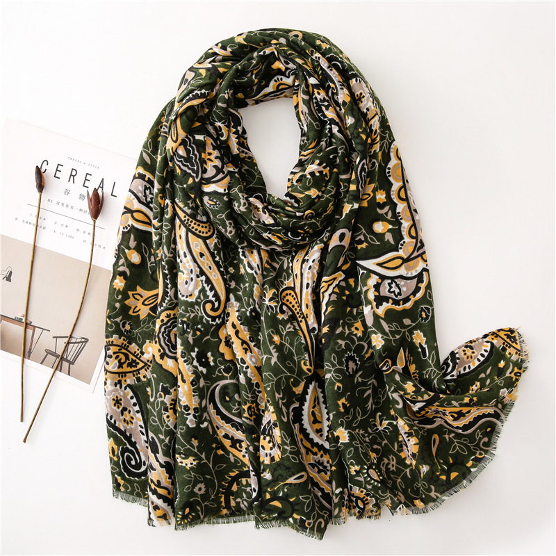 

Autumn Fashion Army Green Cashew Floral Fringe Viscose Shawl Scarf Lady Print Soft Stole Bufandas Mujer Muslim Hijab