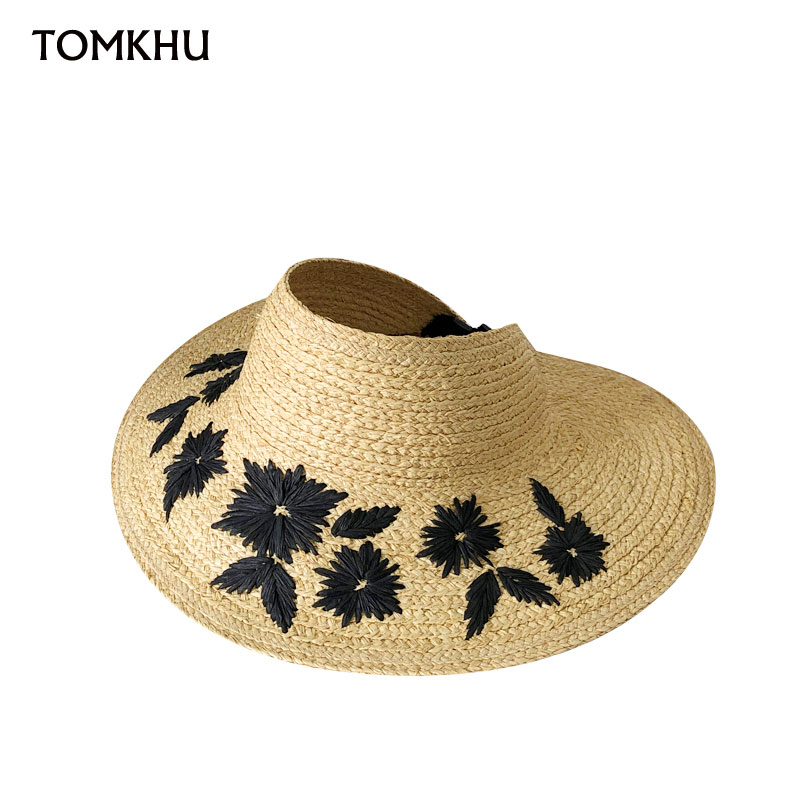 

Big Brim Empty Top Straw Hats for Women Hand-embroidered Flowers Sun Hats Female Summer Fashion Seaside Holiday Beach Visors Cap, As show