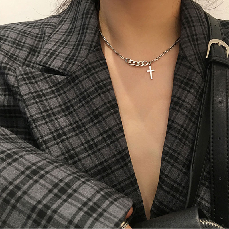 

KMVEXO Gothic Kpop Fashion Cross Chain Choker Necklace Metal Thin Chains Necklaces Men Women Egirl Best Friends Street Jewelry