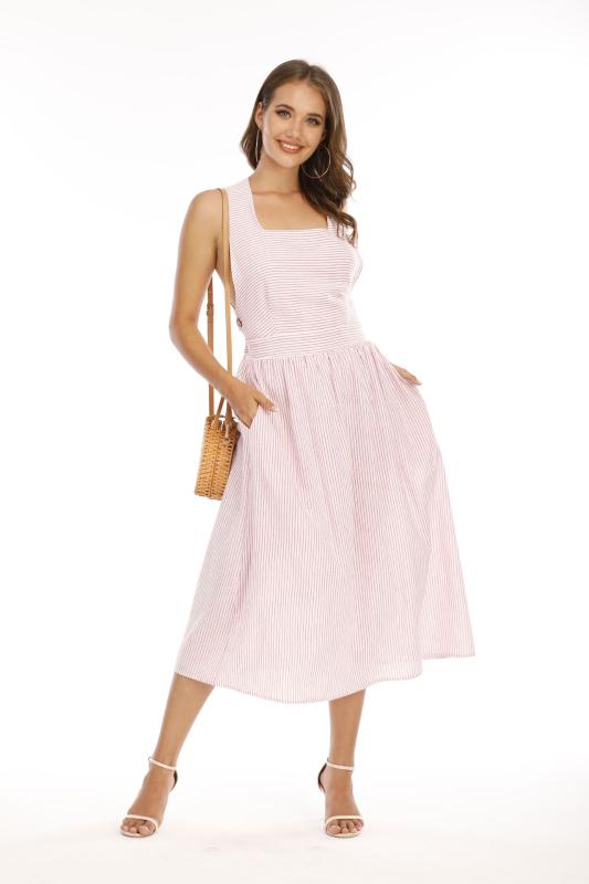 

2020 Women's Sexy Suspender With Bare Back Striped Dress Casual Beach Summer Dress 2020 Sexy Spaghetti Strap Vestidos, Khaki