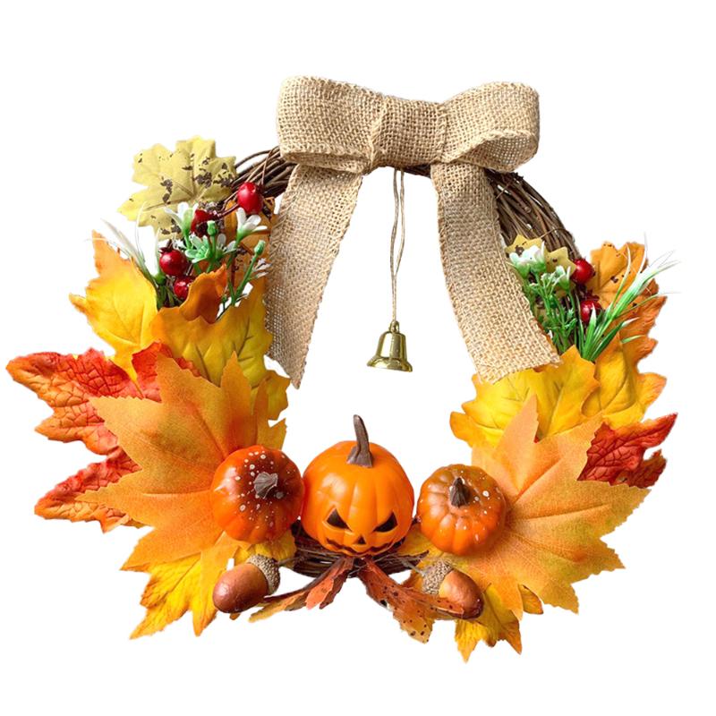 

Fall Harvest Decor Artificial Pumpkin Garland Halloween Thanksgiving Hanging Rattan Wreath Home Decoration, As show