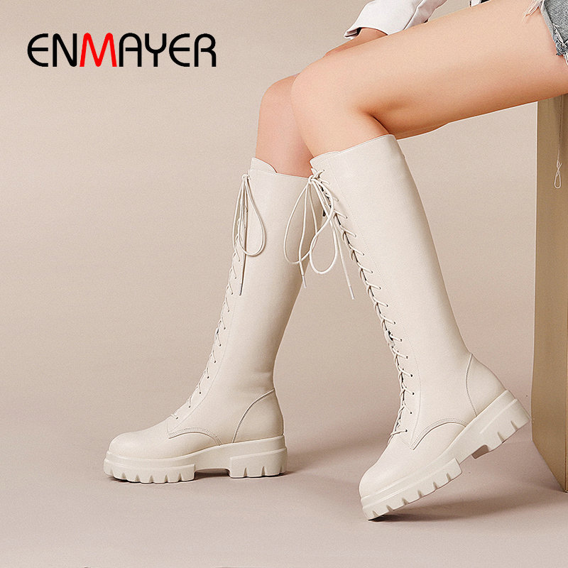 

ENMAYER 2020 Winter Boots Women Genuine Leather Motorcycle Boots Round Toe Platform Lace-Up Knee High Women Shoes, Black