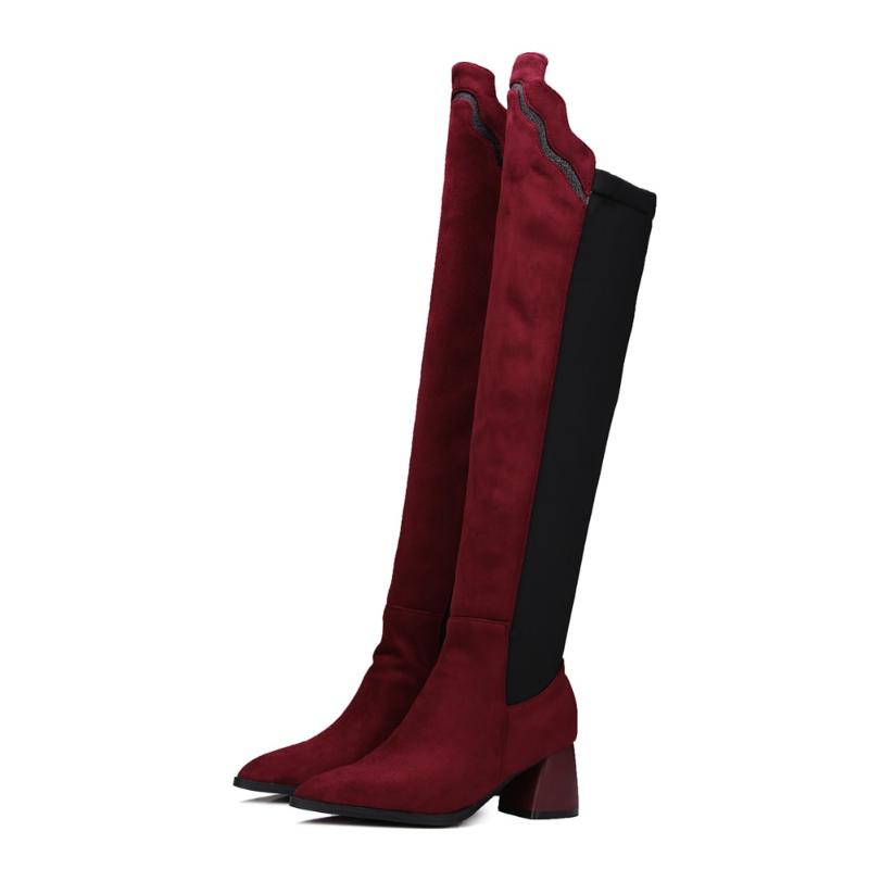 

ZETMTC 2020 New Flock Leather Women Over The Knee Boots Lace Up Sexy High Heels Autumn Woman Shoes Winter Women Boots Size 34-43, Red short plush