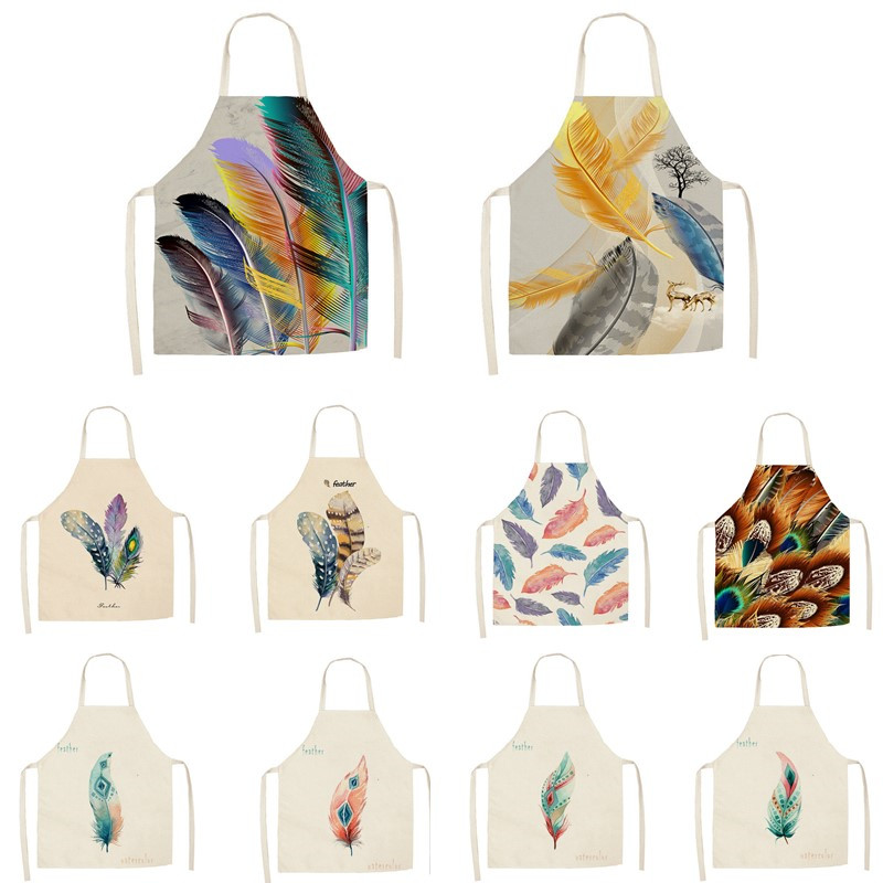 

1Pcs Kitchen women Simple Feather Printed Sleeveless Cotton Linen Aprons for Men Women Home Cleaning Tools 55*68cm