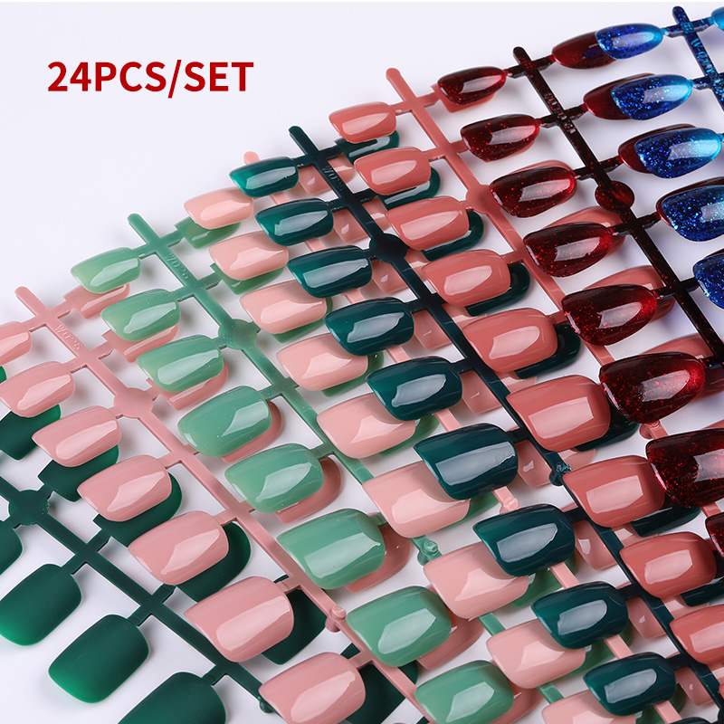

24pcs Reusable Full Cover Shiny False Nail Artificial Tips for Short Decorated Design Press On Nail Art Fake Extension Tips, Color 11