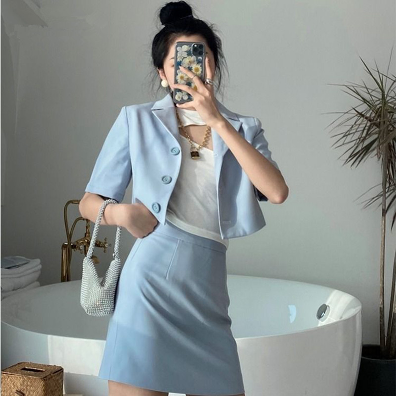 

Women suits summer Short sleeve blazer with skirts two pieces Office Lady Formal Work clothes women slim suits female set, Blue sets