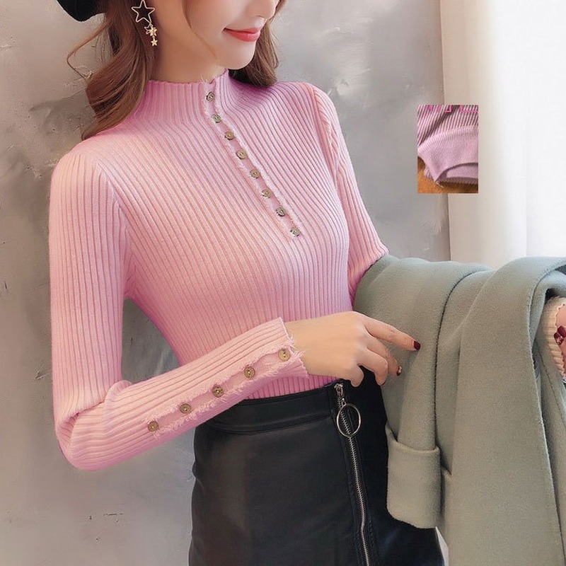 

Autumn Fashion Button Turtleneck Sweater Shirts Women Solid Knitted Pullover Ladies Slim Soft Jumper Sweater Female Knit Tops, Pink