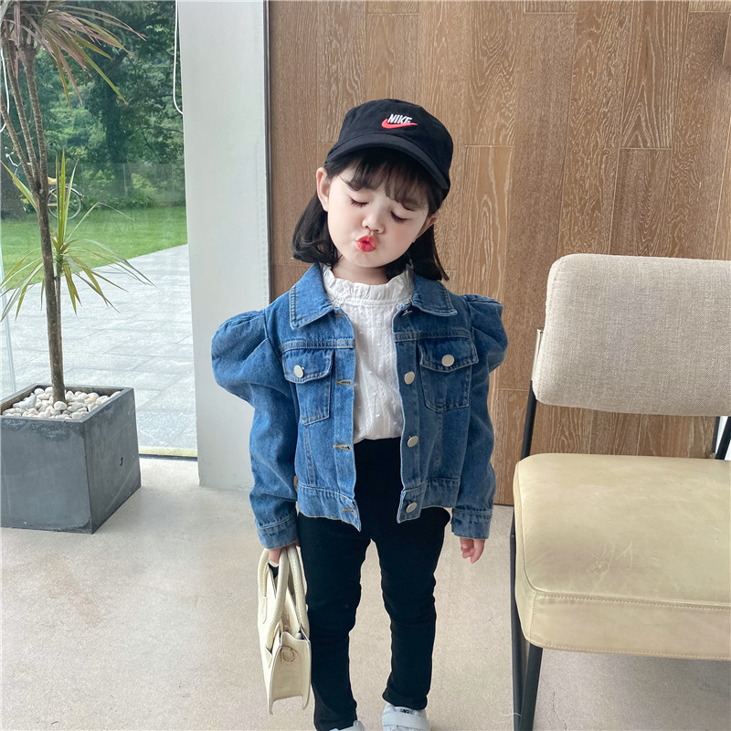 

Fashion kids puff sleeve cowboy jacket children single-breasted short denim jackets girls casual denims tops A4103, Blue