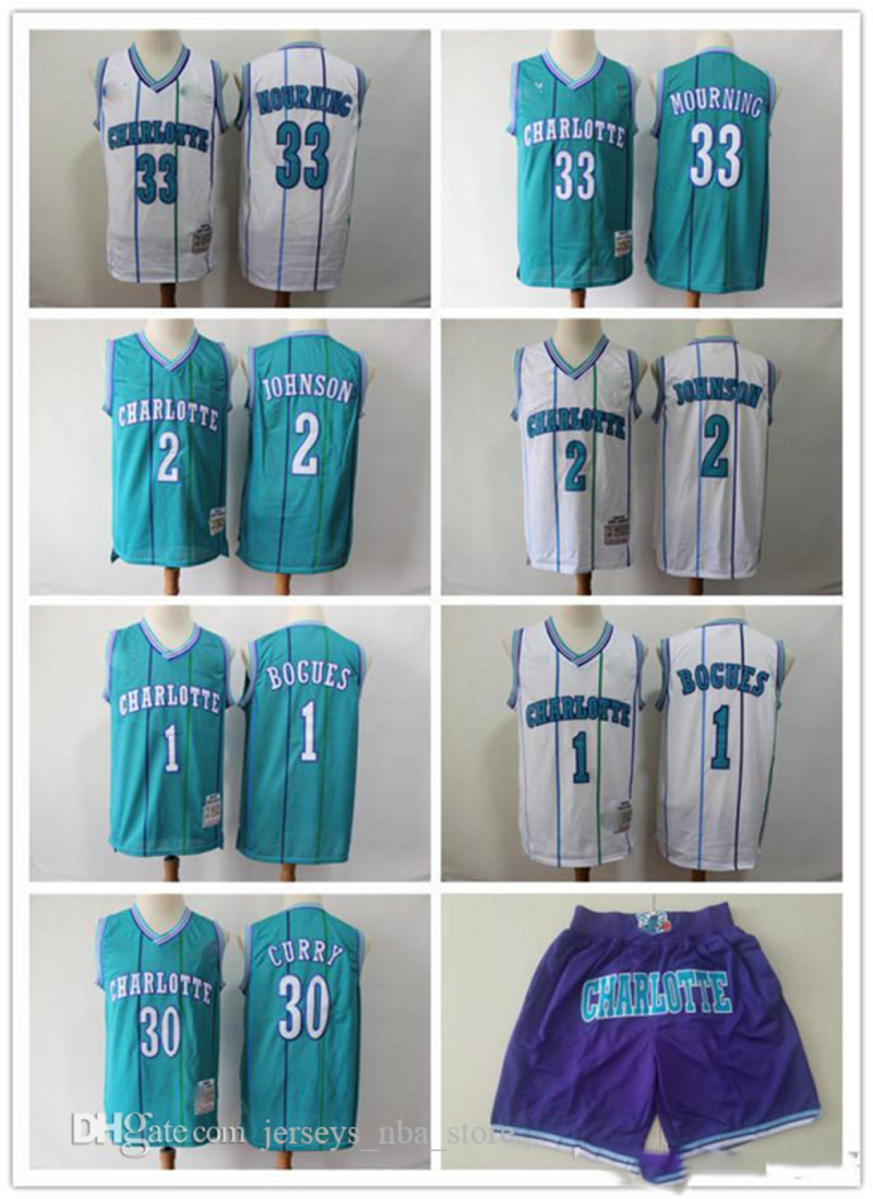 

Mens Charlotte Hornets 33 Alonzo Mourning 2 Larry Johnson 1 Muggsy Bogues 30 Dell Curry Basketball Shorts Basketball Jersey, Colour