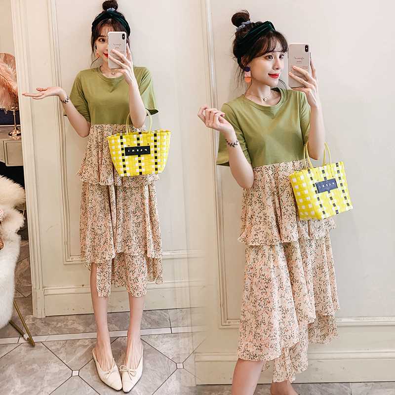 

2020 Maternity Clothes Loose Stylish O Neck summer Floral Dress for Pregnant Women Mid-Long Mom Dress, Green