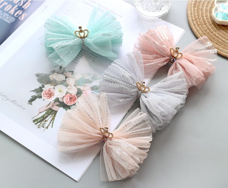 

Boutique ins 12pcs Fashion Glitter Gauze Bow Hairpins Solid Tiaras Sequin Bowknot Hair Clips Princess Headwear Hair Accessories, Gray