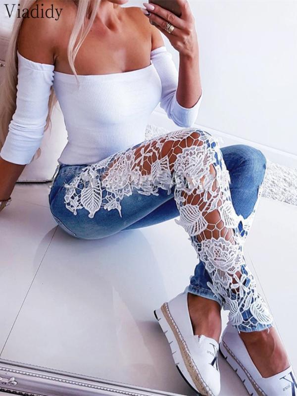 

Plus Size 3XL Lace Floral Crochet Hollow-Out Jeans Autumn Women Elegant Sexy Denim Pencil Skinny Jeans, Black