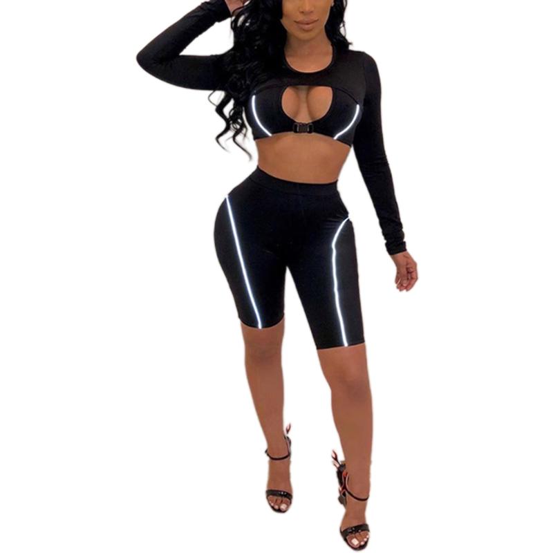 

Reflective Striped Patchwork Fitness Tracksuit Women 3 Piece Set Yoga Outfit Hollow Out Long Sleeve T Shirt Crop Top Shorts Suit, As photo shows