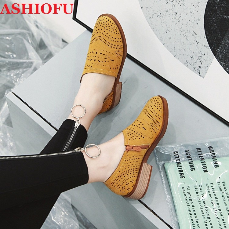 

ASHIOFU New Hot Sale Women's 3cm Block Heels Pumps Cut-out Breathable Party Casual Shoes Slip-on Daily Wear Office Fashion Shoes, Black