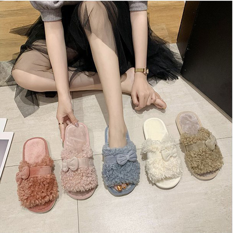 

Candy colors wavyed furry pantufas mujer pearl velvet bowknot open toe slides comfy flats plush slippers ladies house shoes 2020, Blue