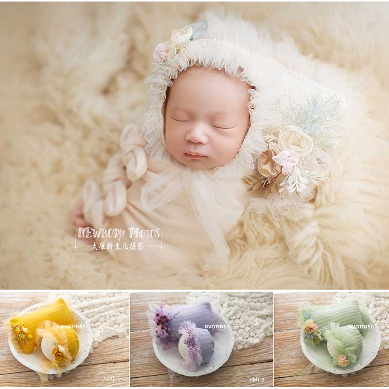 

Dvotinst Newborn Photography Props Floral Lace Posing Pillow Bonnet Hat 2pcs Fotografia Accessories Studio Shoots Photo Props, Hmt-4