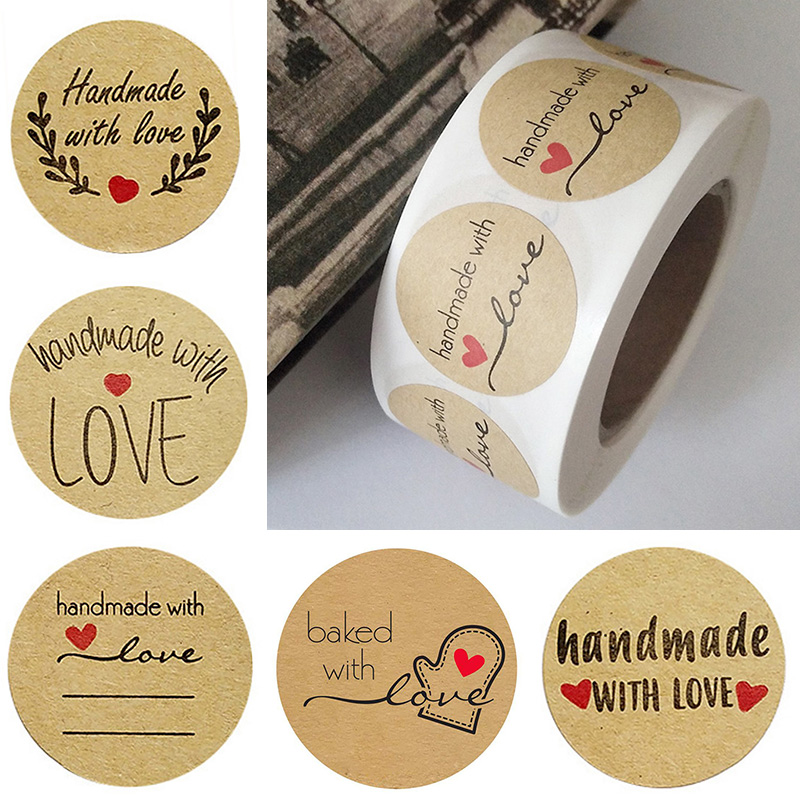 

500 Sheets/Roll Round Labels Handmade Kraft Paper Packaging Sticker Wedding Thanks Stickers for Candy Bag Gift Box Packing Bag