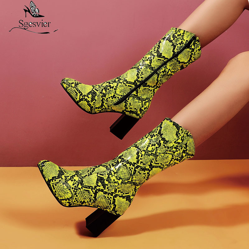 

Sgesvier Winter Shoes Women Mid-calf Boots Snake Print Square High Heel Shoes Fashion Western Boots Ladies Winter Size 48, Black