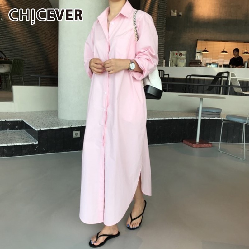 

CHICEVER 2020 Spring Women' Dresses Female Lapel Long Sleeve Casual Loose Hem Split Long Dress Korean Fashion Clothes New, Pink dress