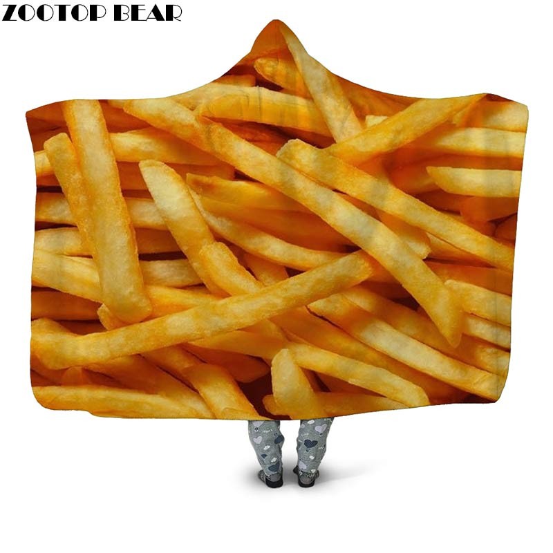 

French fries 3D Print Sherpa Blanket Popular Fashion Wearable Hooded Blanket Bedspread Home Office Airplane Plush