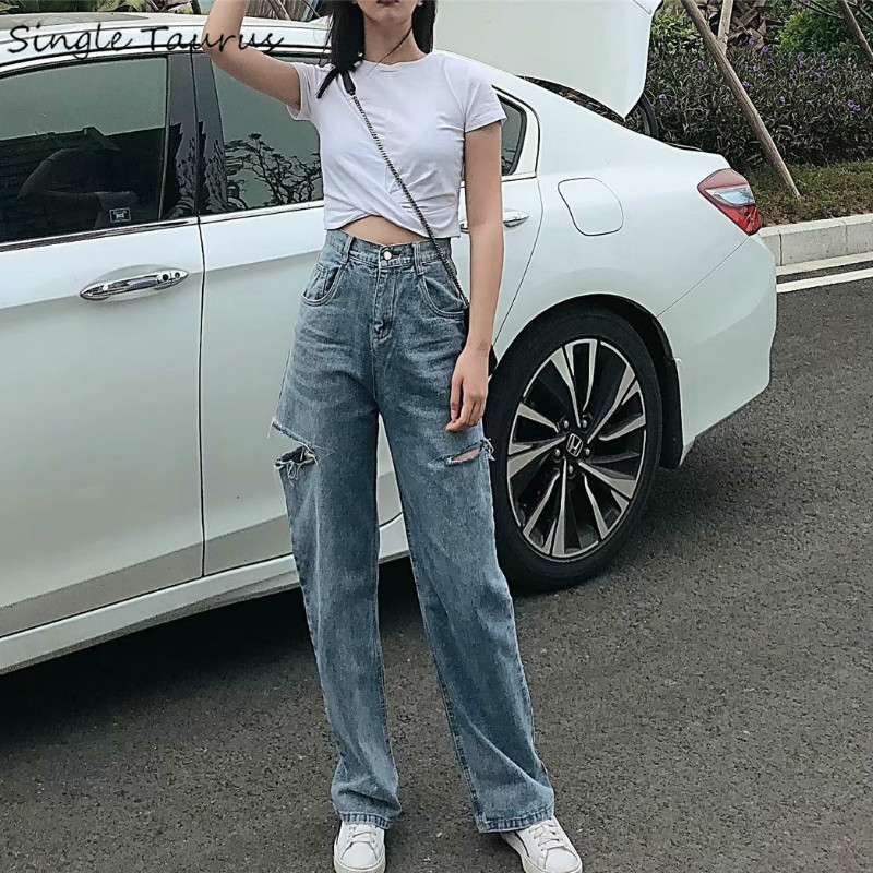 

High Waist Loose Harem Jeans Women Streetwear Hole Distressed Jeans Causal Preppy Style Wide Leg Pants Mujer Fashion Blue
