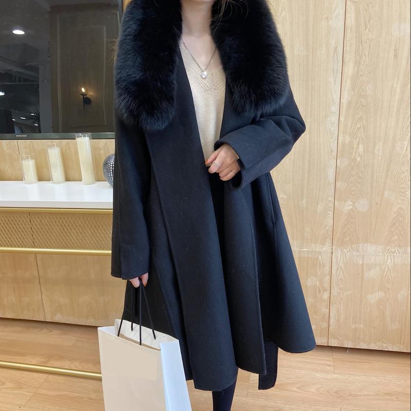 

Fur Collar Double-Sided Cashmere Long Coat With Sashes Autumn And Winter Loose Big Oversize Casual Overcoat S072, Black