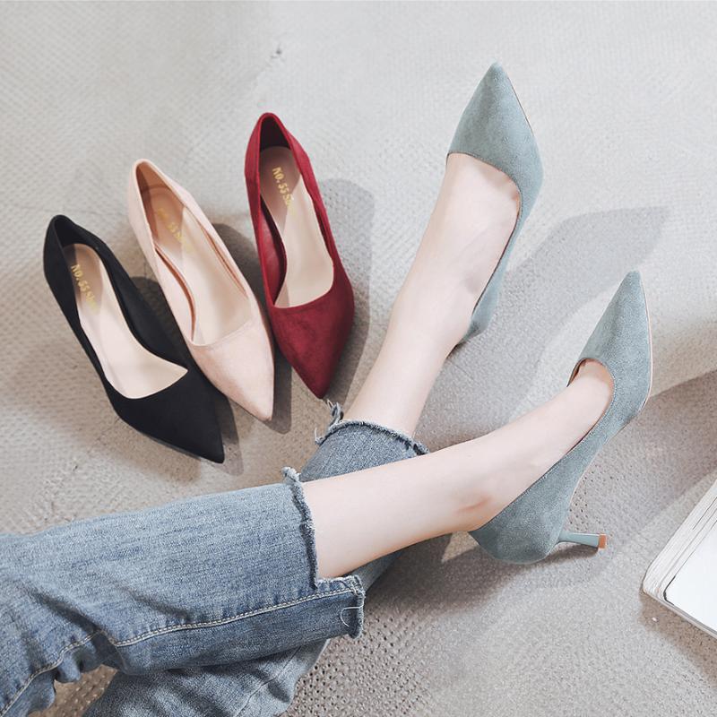 

2020 Women Valentine 6cm low High Heels Suede Pumps Lady Scarpins Medium Heels Wedding Pointed Toe Blue black Escarpins Shoes