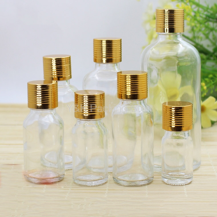 

5ml,10ml,15ml,20ml,30ml,50ml,100ml Empty Glass Bottles Clear Essential Oil Bottle Vials Gold screw thread Aluminum Cap