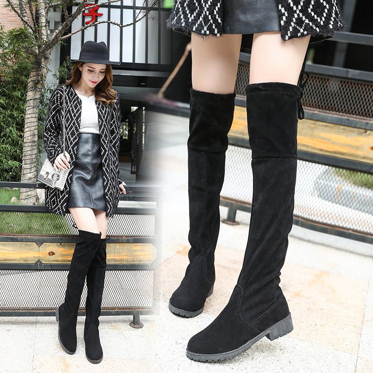 

Round Toe Concise Solid Over-the-Knee Long Boots for Women Square Heel Lace-Up Autumn Winter Thigh Boots Low Sewing Shoes, Black